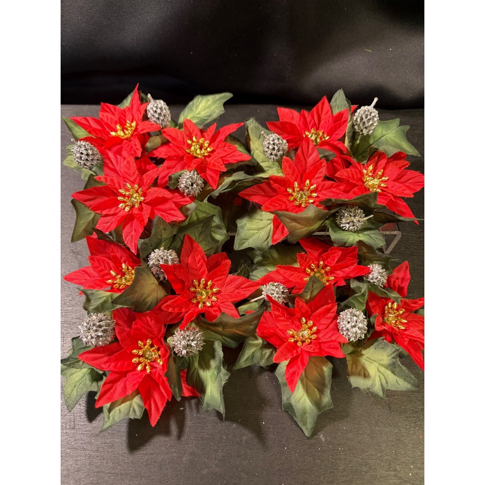 Vintage Christmas Poinsettia Candle Rings Red Silk Floral Silver Pinecones Set 4